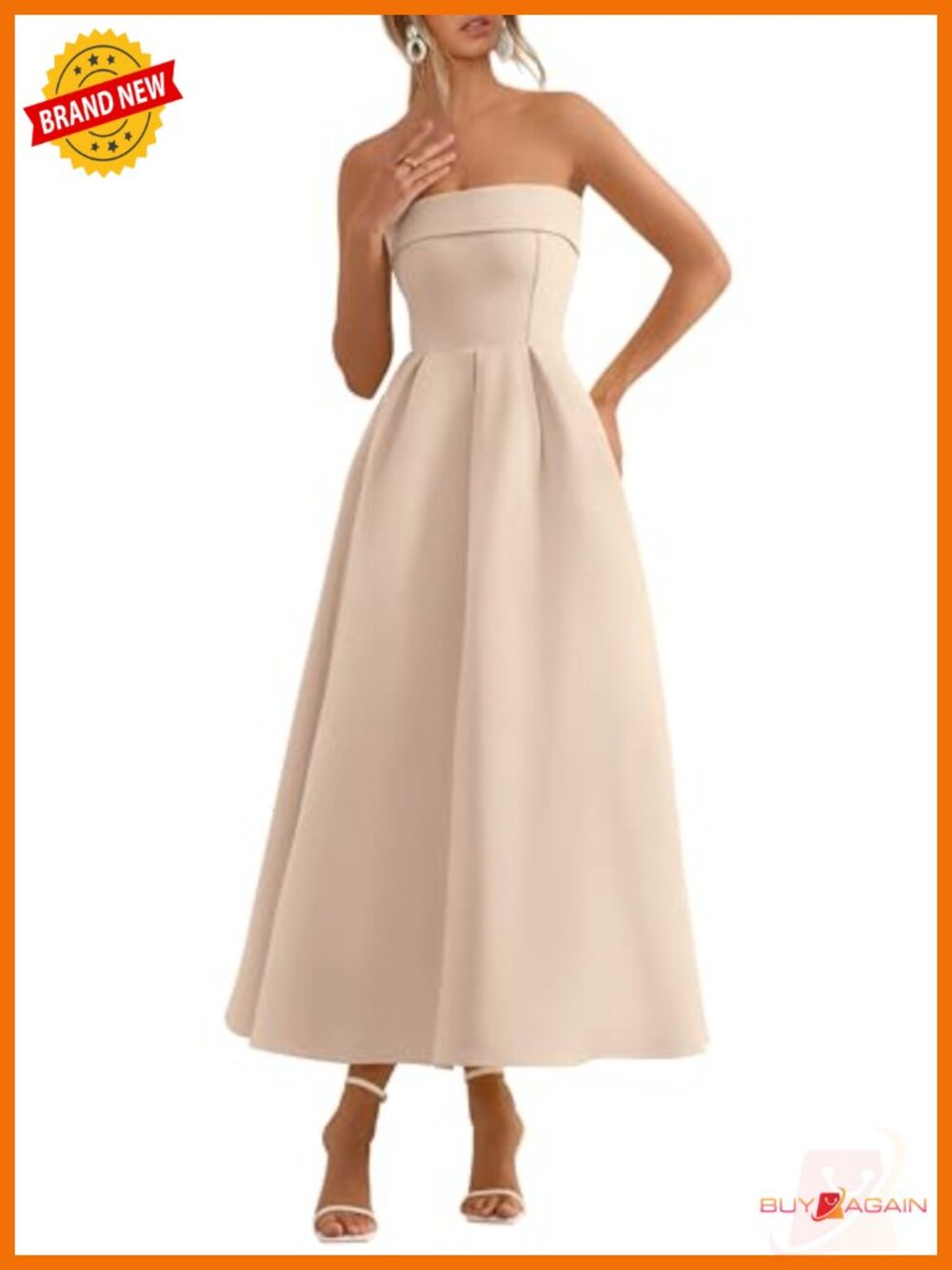Women's Strapless Midi Cocktail Dress Sleeveless A-Line Formal Party